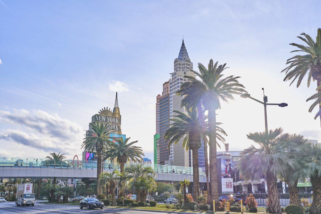 Las Vegas und seine Palmen, die New Yorker Skyline im Hintergrund