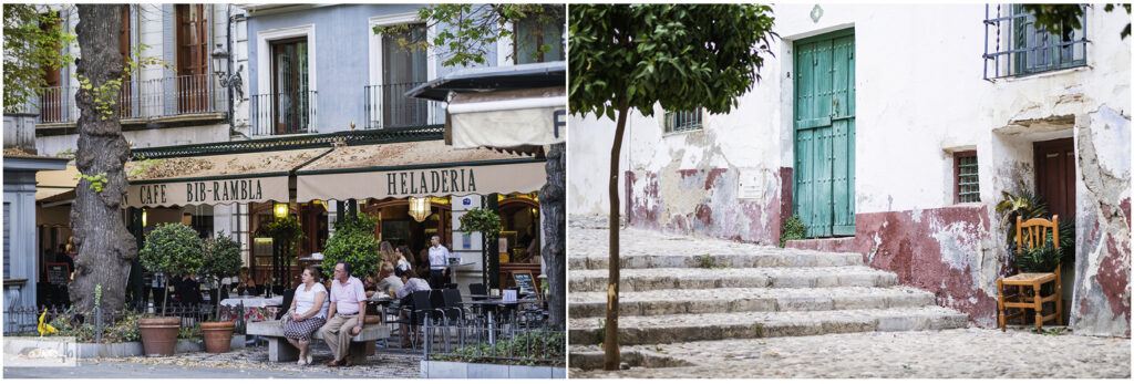 Aufnahmen aus Granada mit einem alten Paar vor einem Cafe und einer Treppe mit Türkisen Tür und kleinem Stuhl