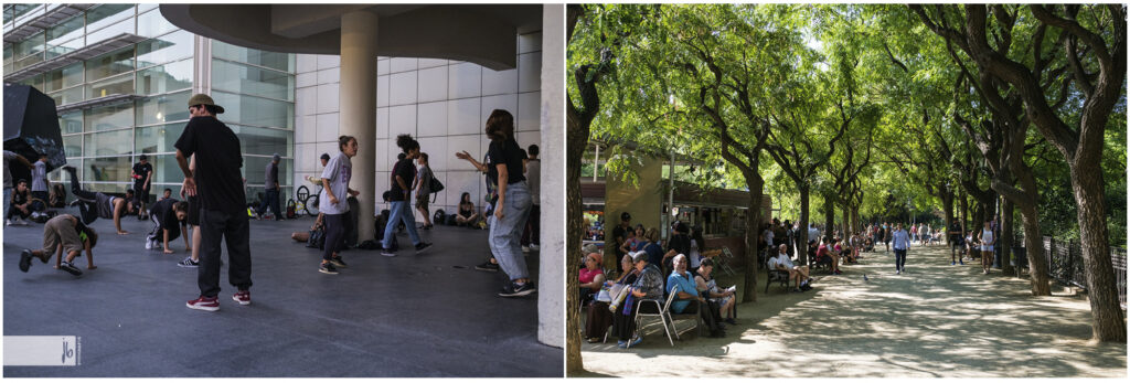 Szenen aus Barcelona, einmal urban mit Hip Hopper und einmal mit schön geschwungenen Bäumen am Wegrand 