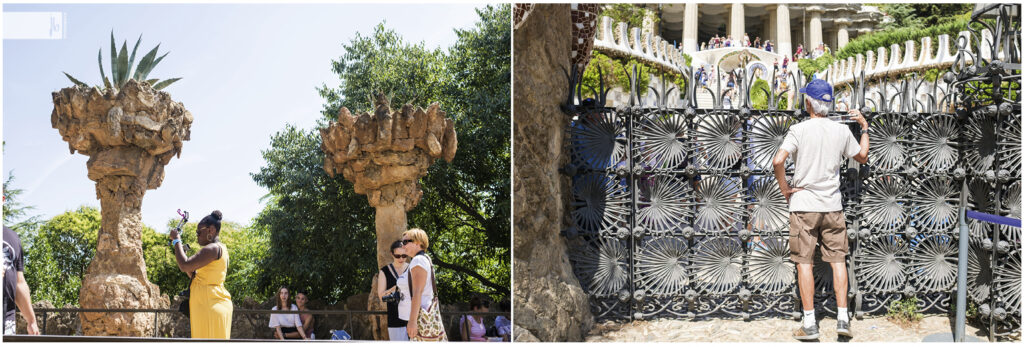 Szenen aus Barcelona, eine schwarze Frau im gelben Kleid, ein weißhaariger Mann am Tor.