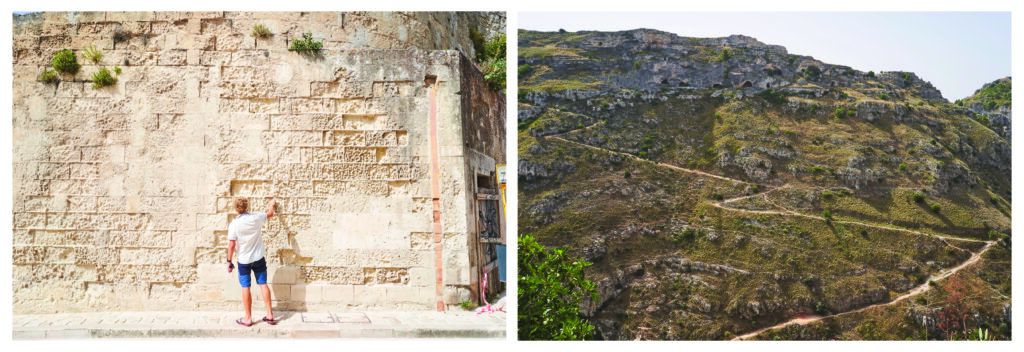 eine Wand in Matera und die Wanderwege auf den Bergen gegenüber der Stadt