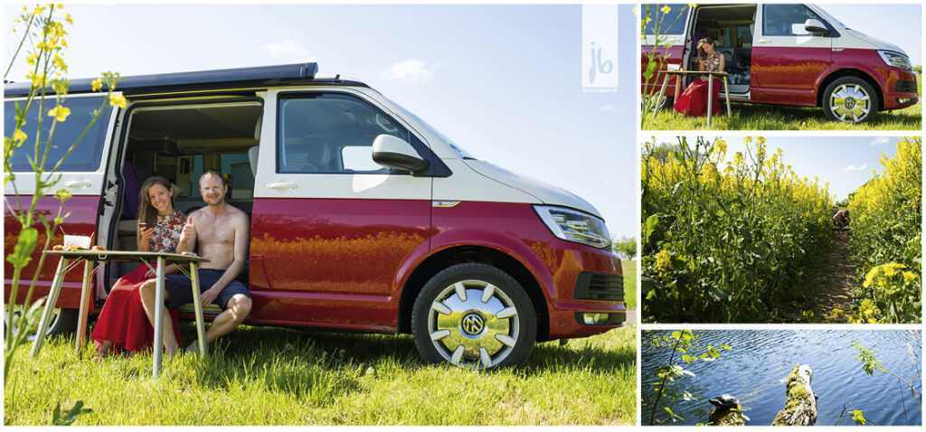 der VW Bus California Ocean in rotweiß auf seiner Wildcampingstelle in Berlin am Rapsfeld