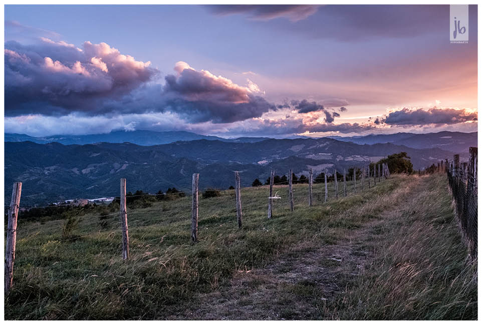 Feldweg bei lila Abendlicht 