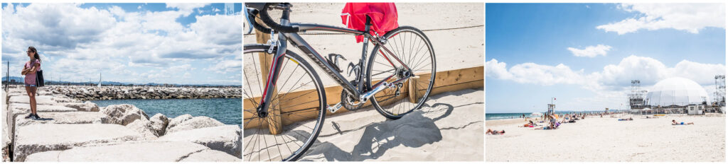 auf einer Steinmauer steht ein Mädchen und das Rennrad lehnt an einem Zaun im Sand