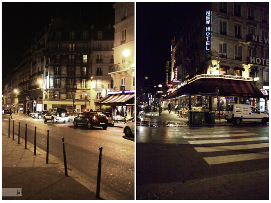 Szenen von den Straßen in Paris bei Nacht