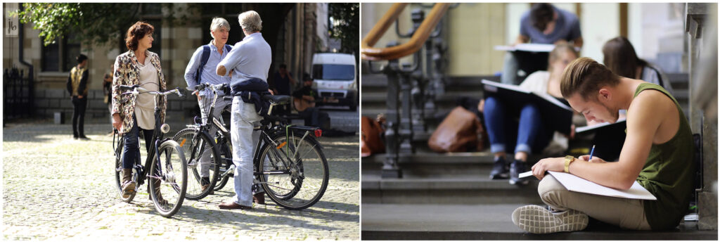 die Bewohner Antwerpens beim Radfahren und Zeichnen