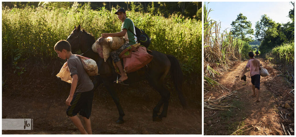 Guarani Kinder transportieren geerntete Melonen zurück ins Dorf, die meisten Barfuß und einer auf dem Pferd