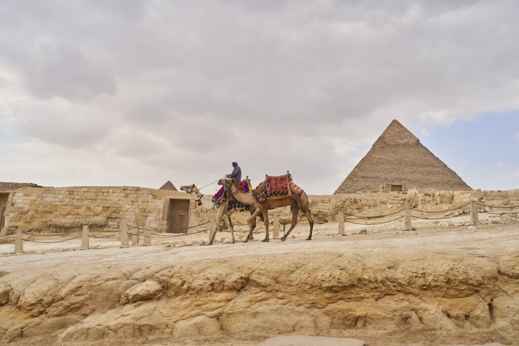 Ein Kamelreiter auf einem Kamel, gefolgt von einem zweiten, im Hintergrund die Pyramide von Gizeh