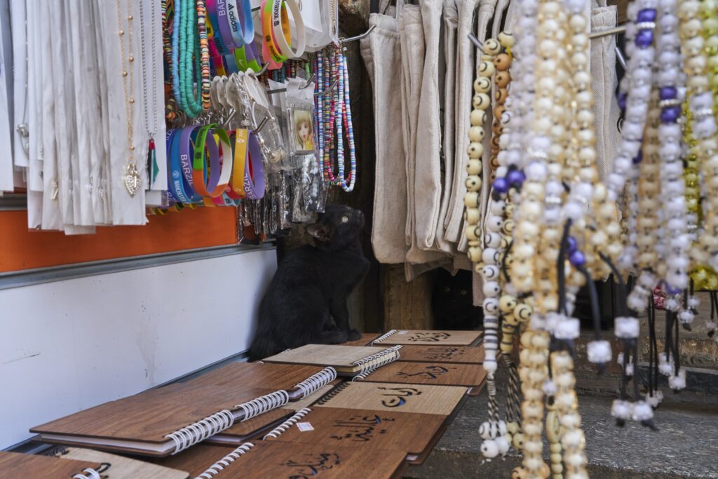 eine schwarze Katze spielt mit den ausgestellten Perlenketten eines kleinen Ladens in Kairo