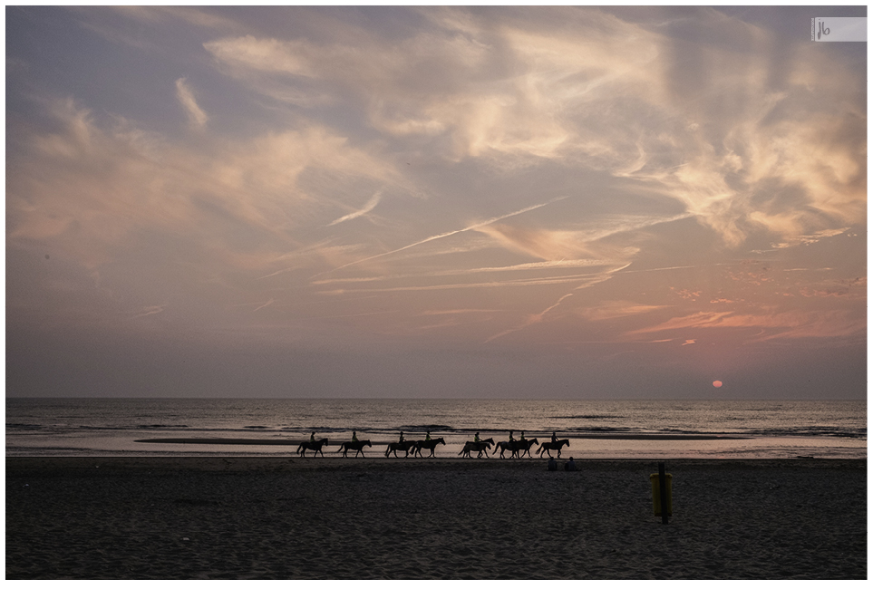 mit Pferden eine Wanderung am Strand unternehmen, im Hintergrund ein roter Sonnenuntergang
