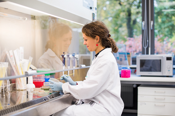 Chemielaborantin an der Hochschule München nimmt Proben hinter einer Glasscheibe